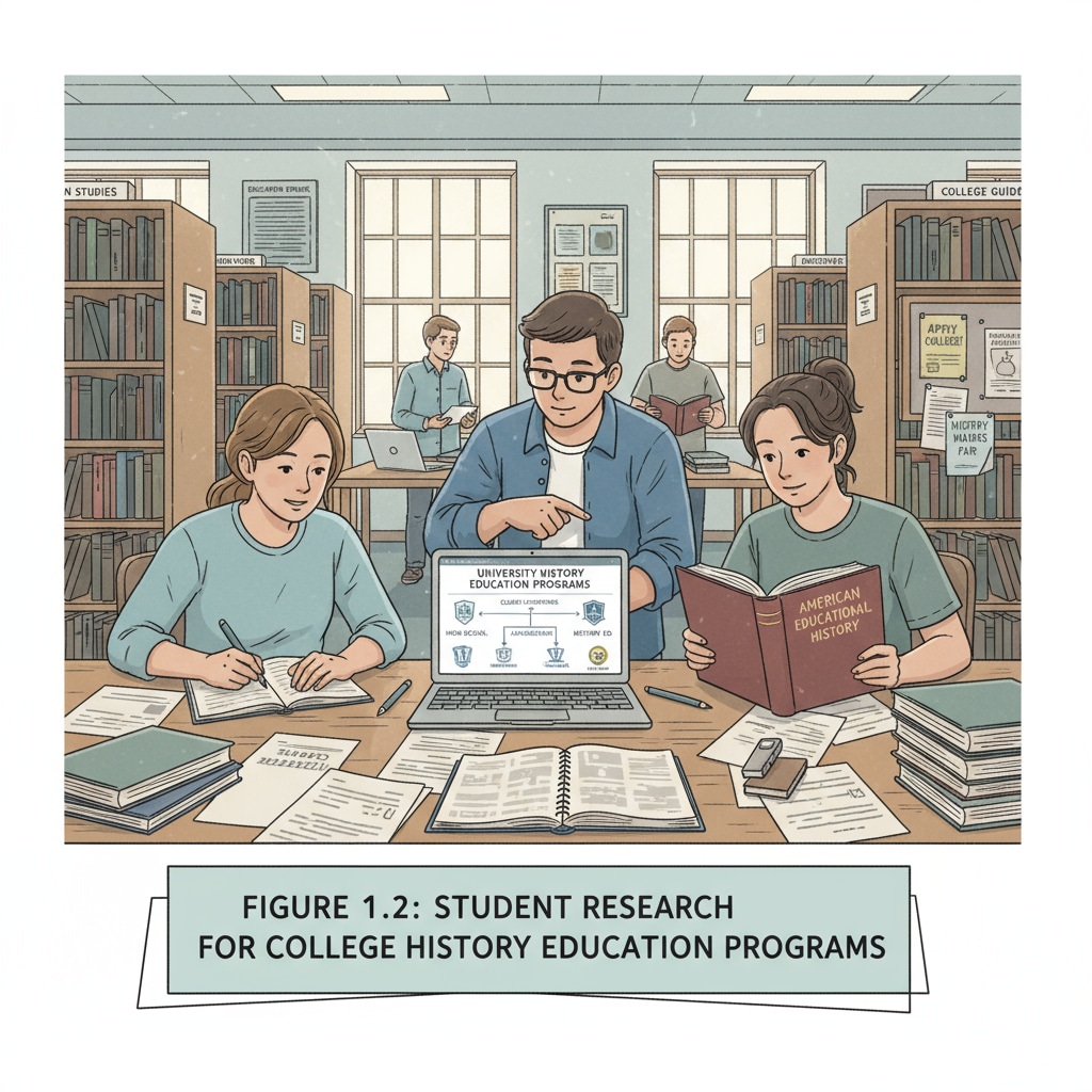 Students researching college history education programs in a library, indicating the efforts in college application for history education. Students researching college history education programs in a library, relevant to teacher career, college application, and history education