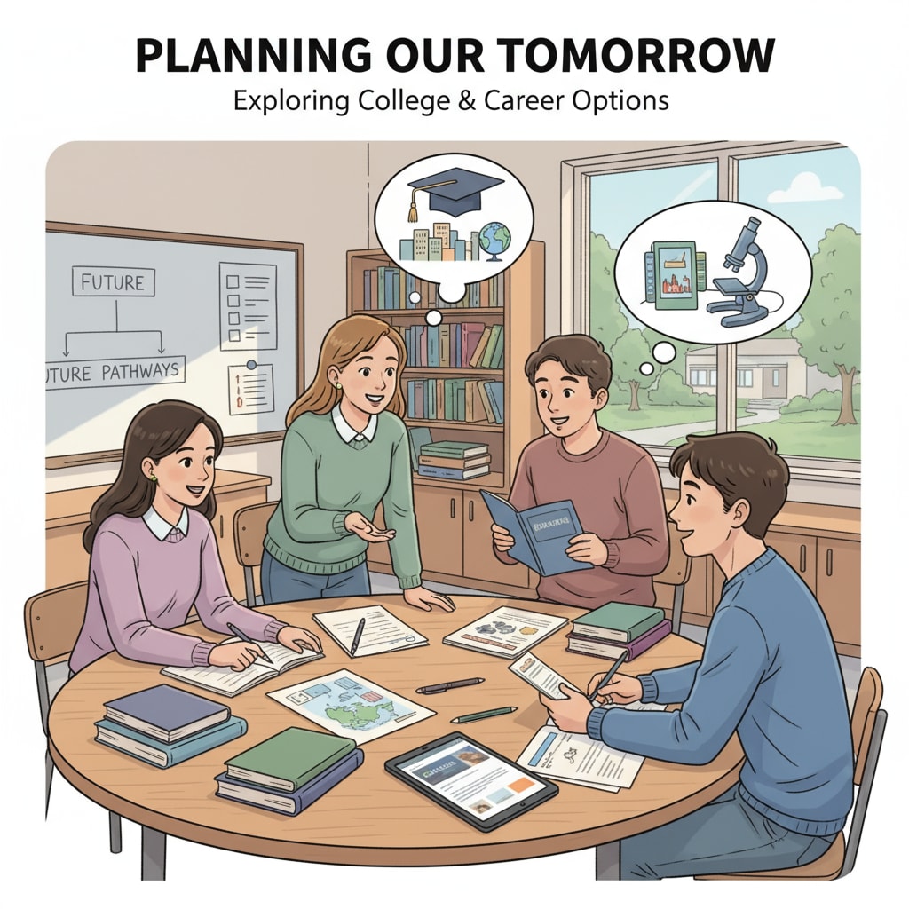 A group of high school students are sitting around a table in a classroom, discussing their future plans, with books and papers scattered on the table. High school students discussing university education, major selection, academic success, and career planning in a classroom