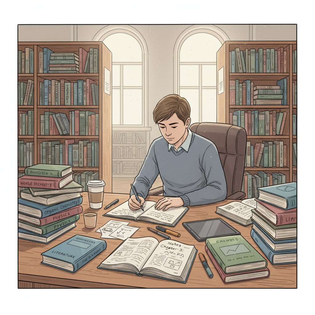 A student is sitting at a desk in a library, surrounded by textbooks and taking notes, showing a focused study environment. A student preparing academically for university education, major selection, academic success, and career planning in a library