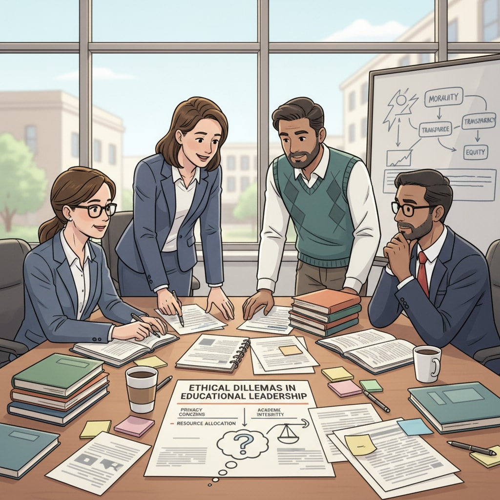 A group of educators is engaged in a serious discussion, with papers and notes spread out on the table, indicating a deep exploration of ethical issues in educational management. Educators discussing ethical dilemmas in educational management
