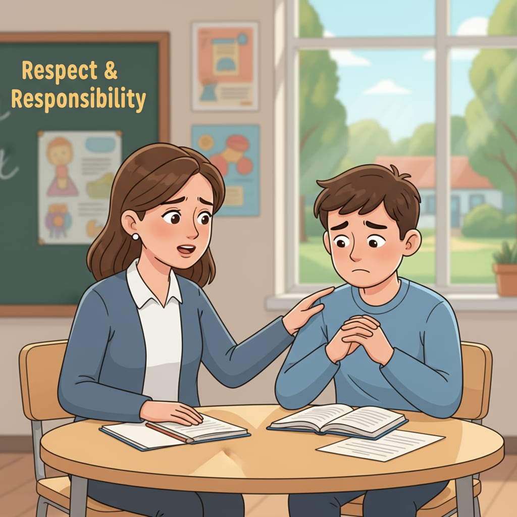 A teacher and a student are having a calm conversation. The teacher has a concerned expression, and the student looks a bit remorseful, representing a disciplinary discussion. Teacher and student discussing a disciplinary issue related to educational management ethical decisions
