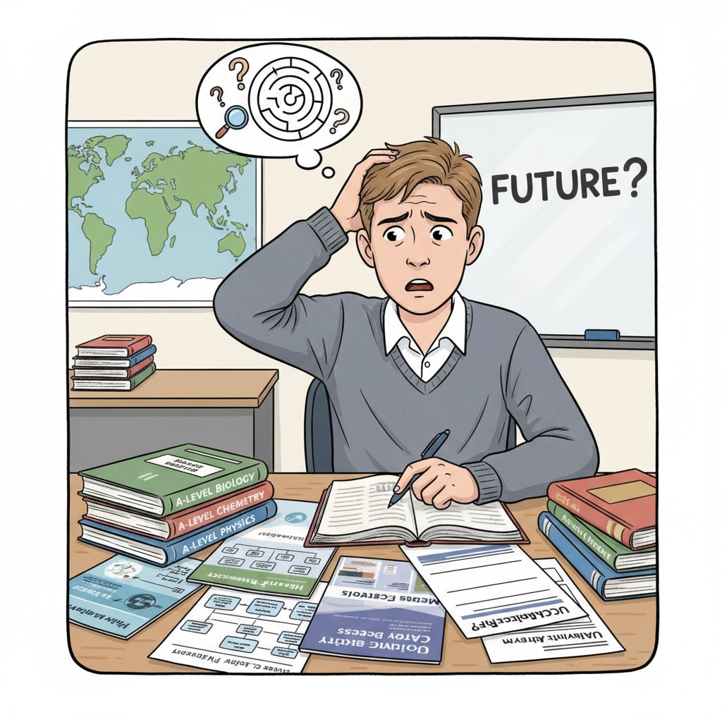 A young British student sitting at a desk, looking confused with books about A-level courses and career brochures scattered around. This represents the state of confusion students face when making educational choices. A British student confused about A-level courses and career choices