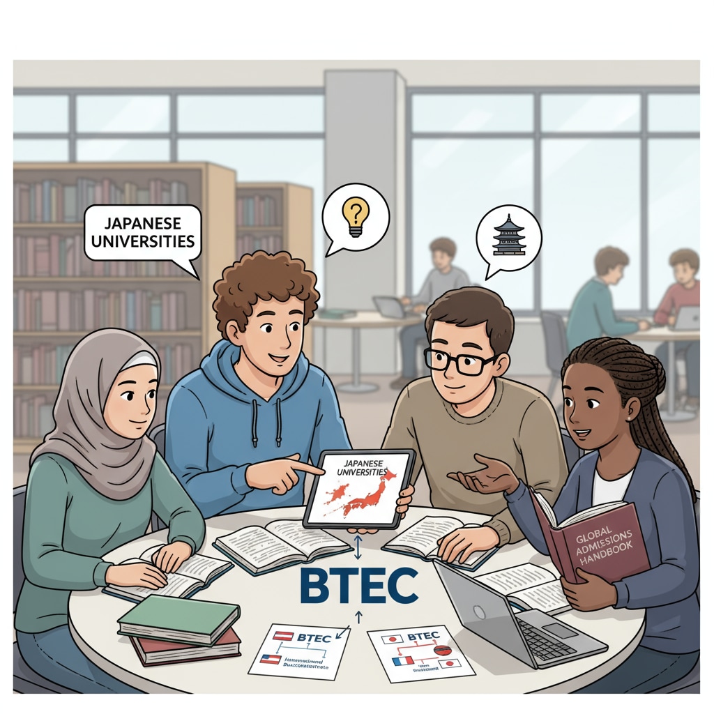A group of international students discussing university admissions, including those with BTEC qualifications eyeing Japanese universities International students with BTEC qualifications considering Japanese university admissions