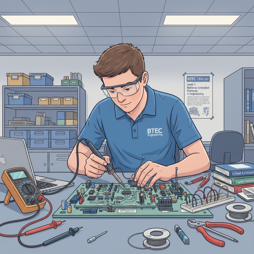 A student working on a practical project as part of their BTEC course, with tools and materials related to their field of study A student engaged in a practical BTEC project relevant to Japanese university study fields