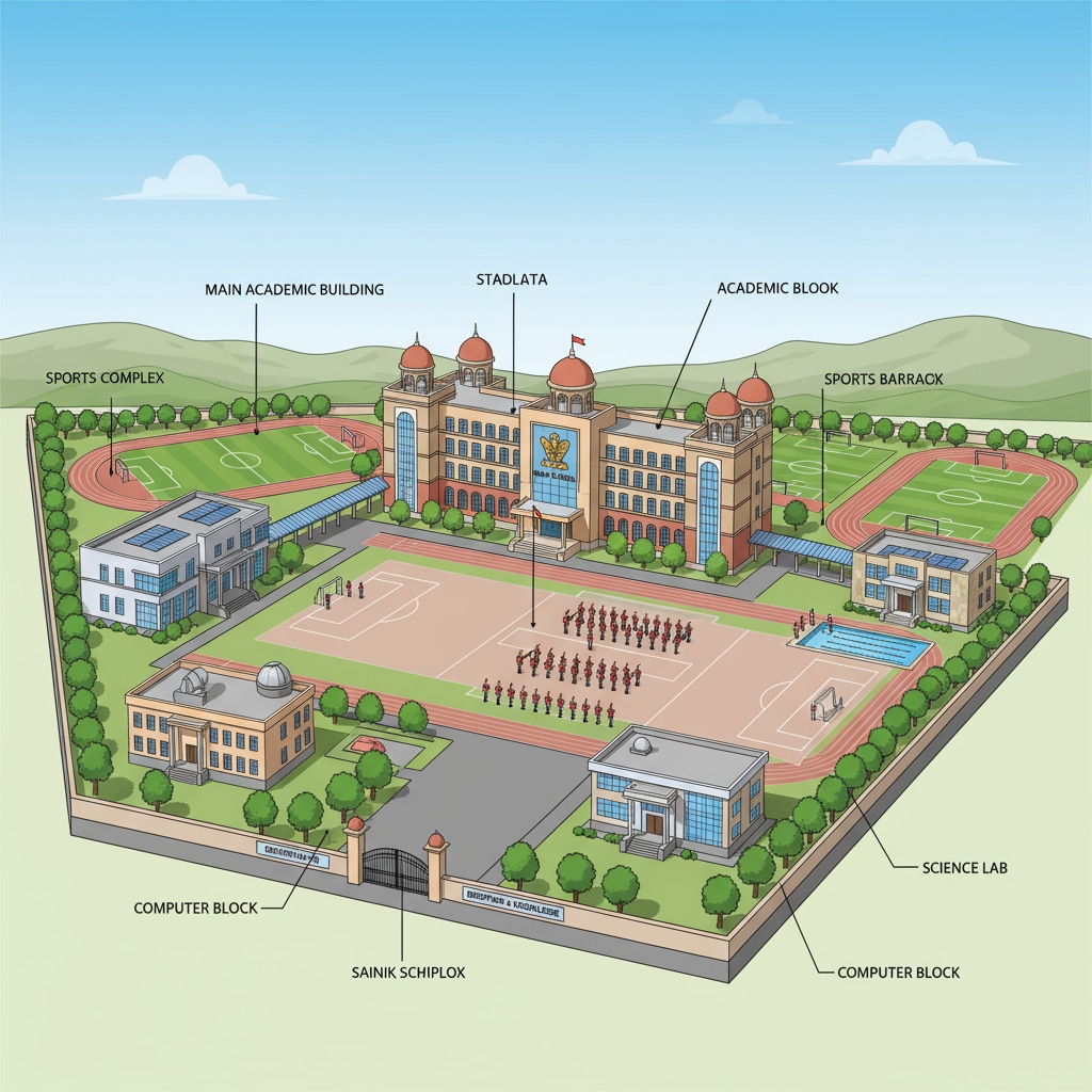 The exterior of a Sainik School building, with its large campus and modern facilities, giving an impression of a well-equipped educational institution. Sainik School building related to entrance exam application process
