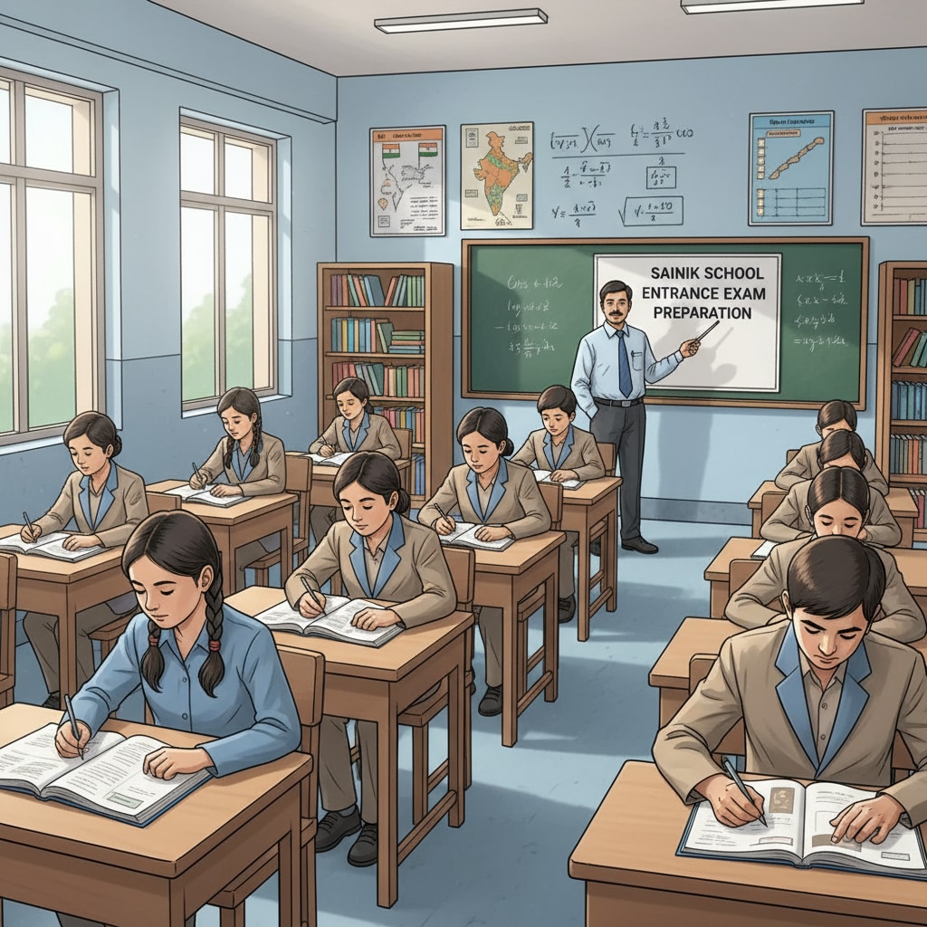 A classroom scene in Sainik School where students are attentively studying, highlighting the learning environment for those preparing for the entrance exam. Students in Sainik School classroom relevant to entrance exam