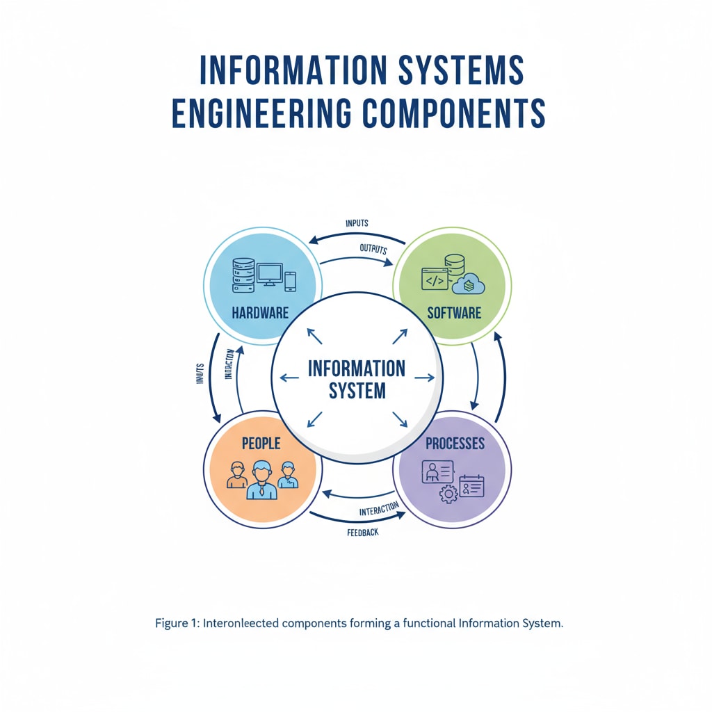 An illustration showing the components of Information Systems Engineering such as hardware, software, people, and processes working together. Illustration of Information Systems Engineering components related to IT professional choice, career prospects, and university admissions
