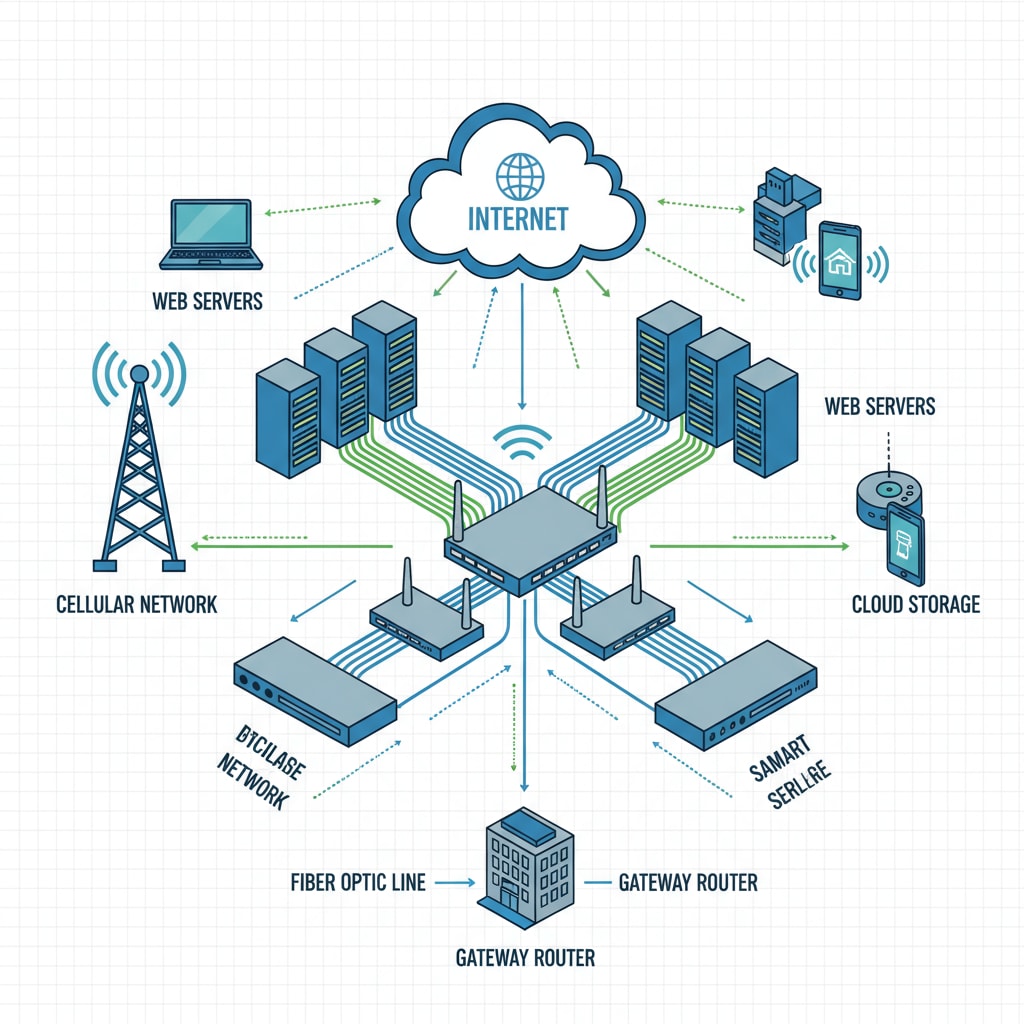 A diagram depicting a complex network of Information and Communication Technology, including routers, servers, and wireless connections. Diagram of Information and Communication Technology network relevant to IT professional choice, career prospects, and university admissions