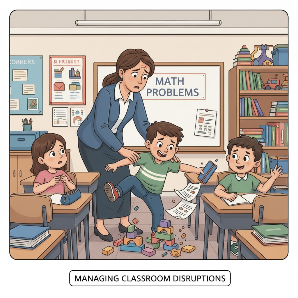 A classroom scene where a teacher is trying to handle a disruptive student. The teacher looks concerned while the student is causing a commotion. A teacher dealing with student behavior issues in a classroom, highlighting the lack of support and the resulting professional frustration.