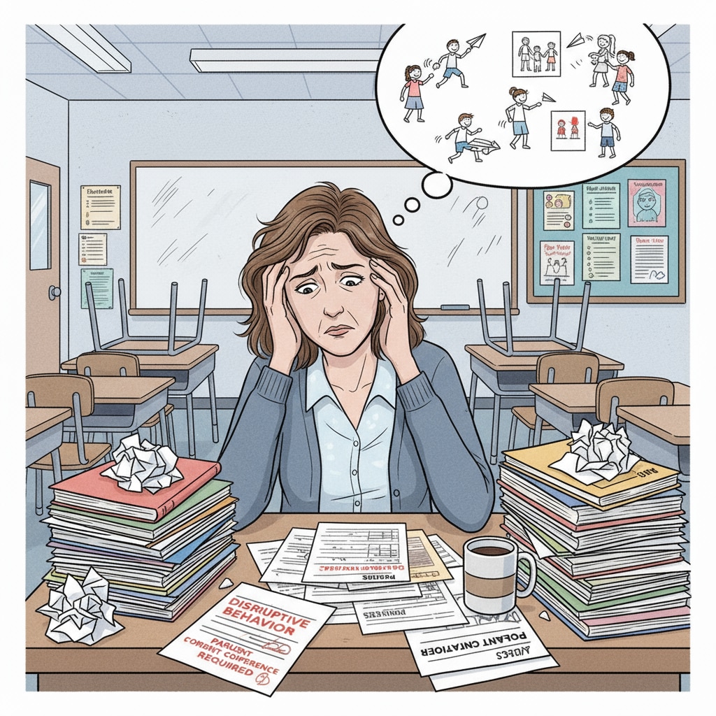 A teacher sitting at a desk, looking stressed and alone. There are papers scattered on the desk, indicating a heavy workload related to student behavior problems. A teacher experiencing professional frustration due to lack of support in handling student behavior issues.