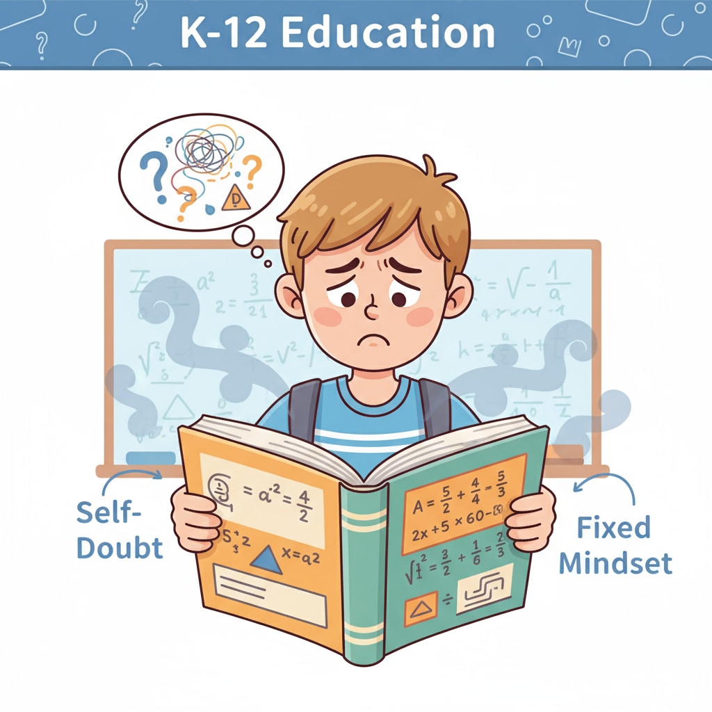 A student frowning while looking at a math textbook. It depicts a student's struggle and self-doubt when dealing with academic challenges, which is related to the cognitive bias in K12 education. A student experiencing self-doubt due to academic difficulties, related to intellectual disabilities, self-cognition, and learning experiences