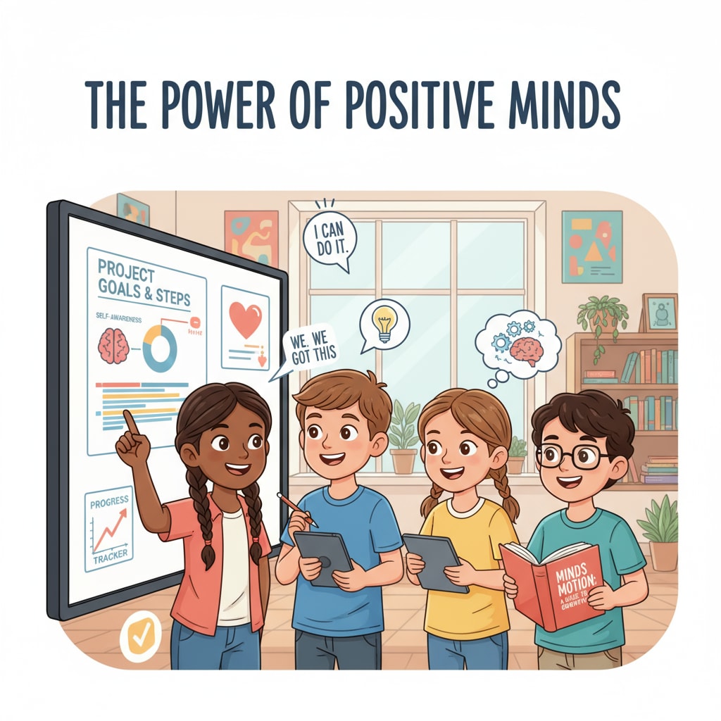 A group of students smiling and working together on a project, showing confidence. This image symbolizes the positive outcome of building healthy self-cognition in K12 students. Students showing confidence after building healthy self-cognition, related to intellectual disabilities, self-cognition, and learning experiences