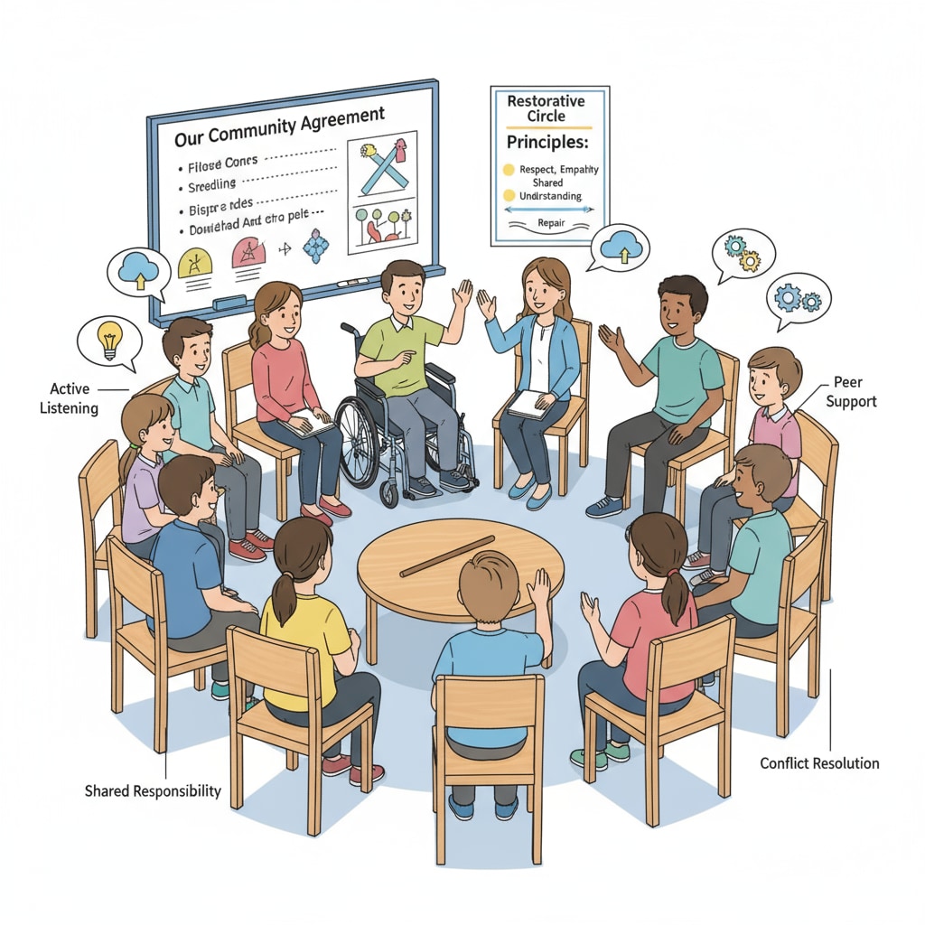 A group of students and teachers are engaged in a discussion in a classroom. The atmosphere is collaborative, with everyone sharing their thoughts and ideas, which is a typical scene in restorative justice implementation. Restorative justice in a classroom setting with students and teachers discussing