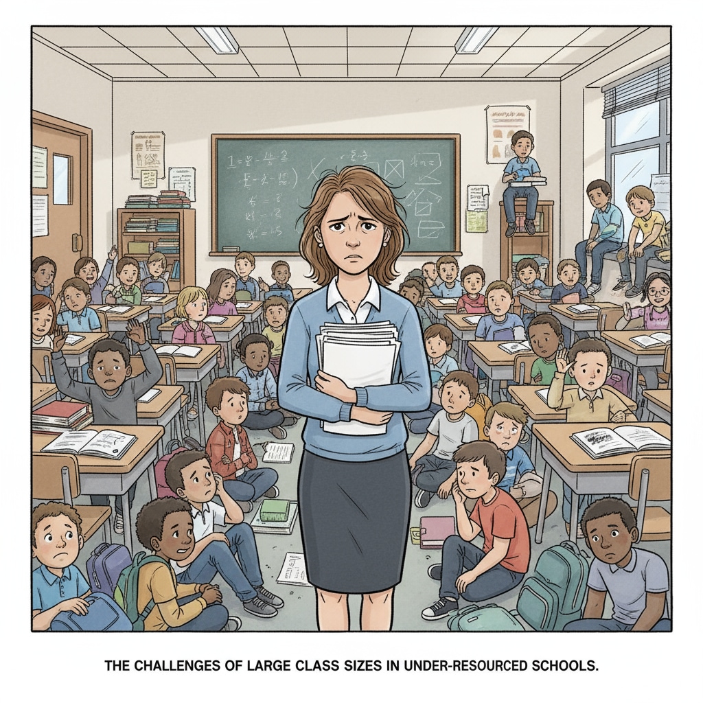 A teacher is standing in front of a crowded classroom, looking stressed. There are many students in the classroom, indicating the large class sizes and heavy burden on teachers in resource-limited schools. A stressed teacher in a crowded classroom representing the burden in resource-limited schools