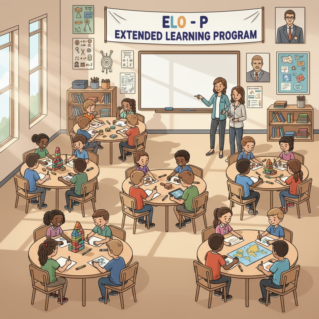 Students are engaged in an activity during an extended learning session funded by the ELO-P program in a classroom. There are desks arranged in groups, and students are collaborating on a project. Students participating in extended learning under ELO-P program