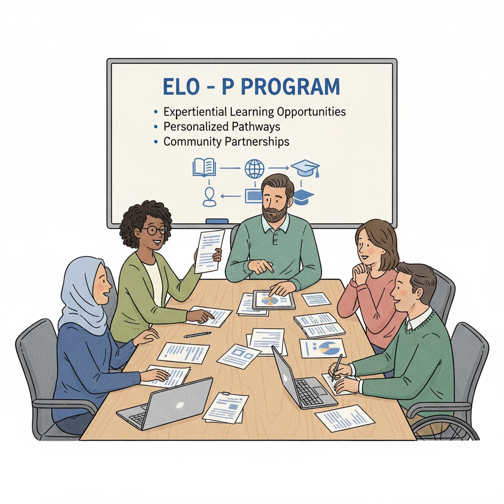 A meeting of parents and educators is taking place. They are sitting around a table, looking at documents, and having a discussion about the ELO-P program. Parents and educators discussing ELO-P program