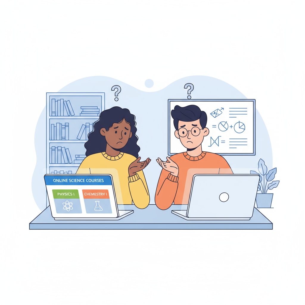 Two students are sitting in front of their laptops, looking confused as they try to decide between physics and chemistry online courses. High school students choosing between physics and chemistry for online learning in the context of the health industry