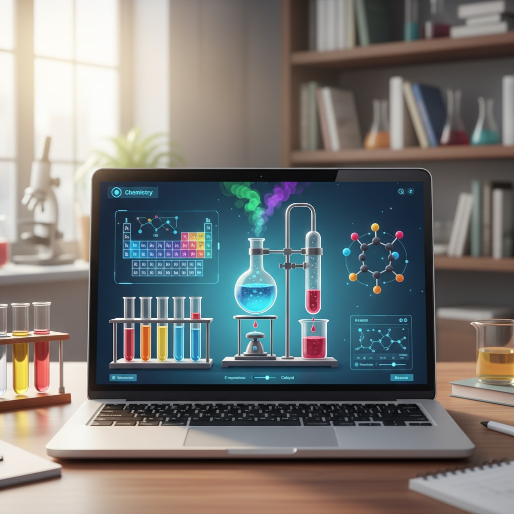 A student is conducting a virtual chemistry experiment on a laptop, with various chemical substances and equipment shown on the screen. Student conducting a virtual chemistry experiment for online learning related to the health industry