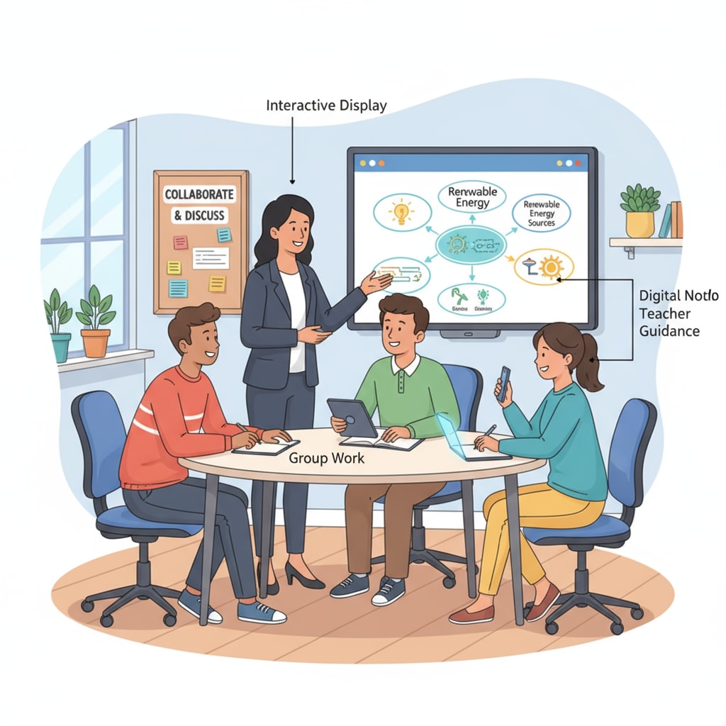 A classroom scene where students are actively engaged in a group discussion, representing modern teaching methods in action. Modern teaching methods in a postgraduate classroom promoting engagement