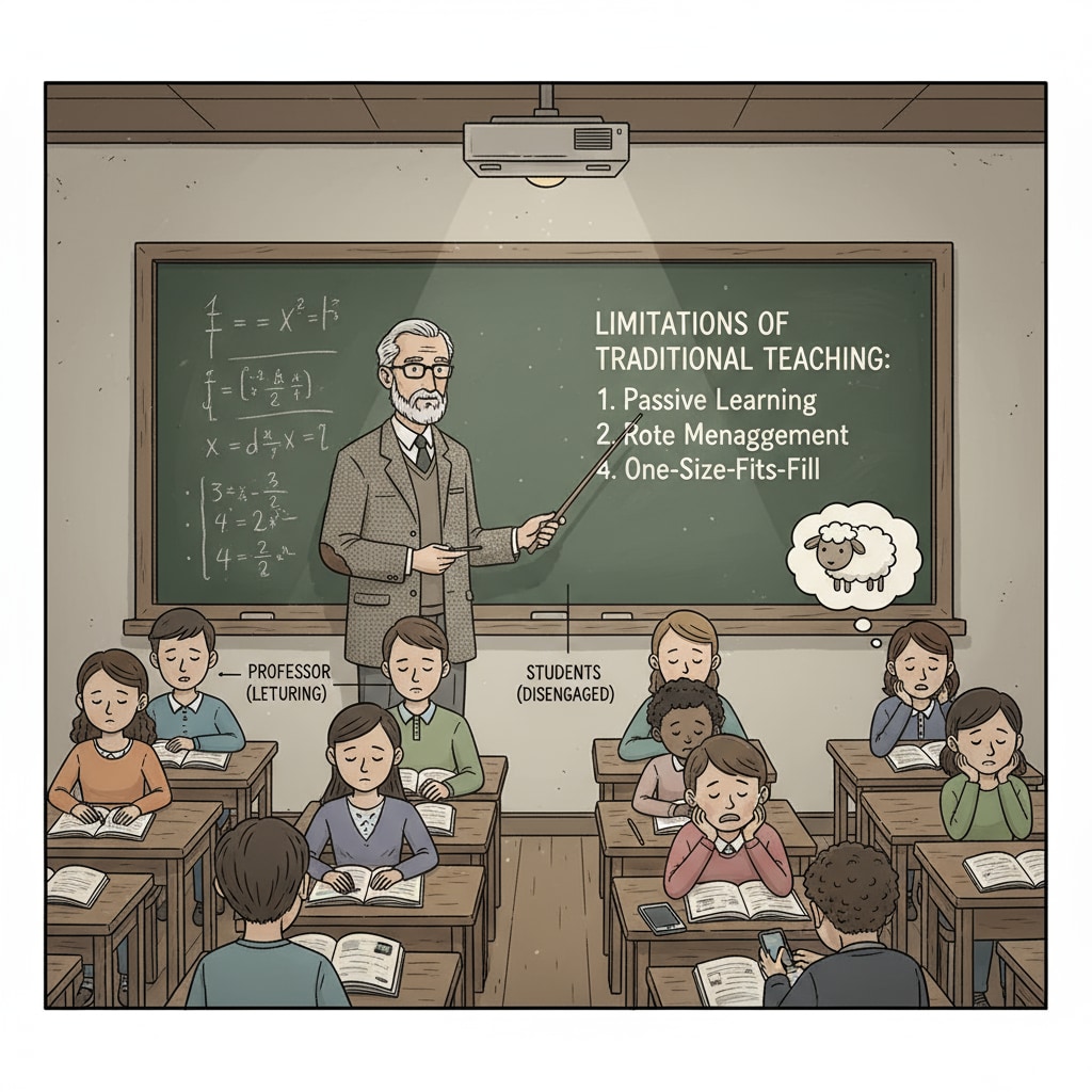 A professor standing in front of a bored class, highlighting the limitations of traditional teaching. Limitations of traditional teaching in postgraduate courses