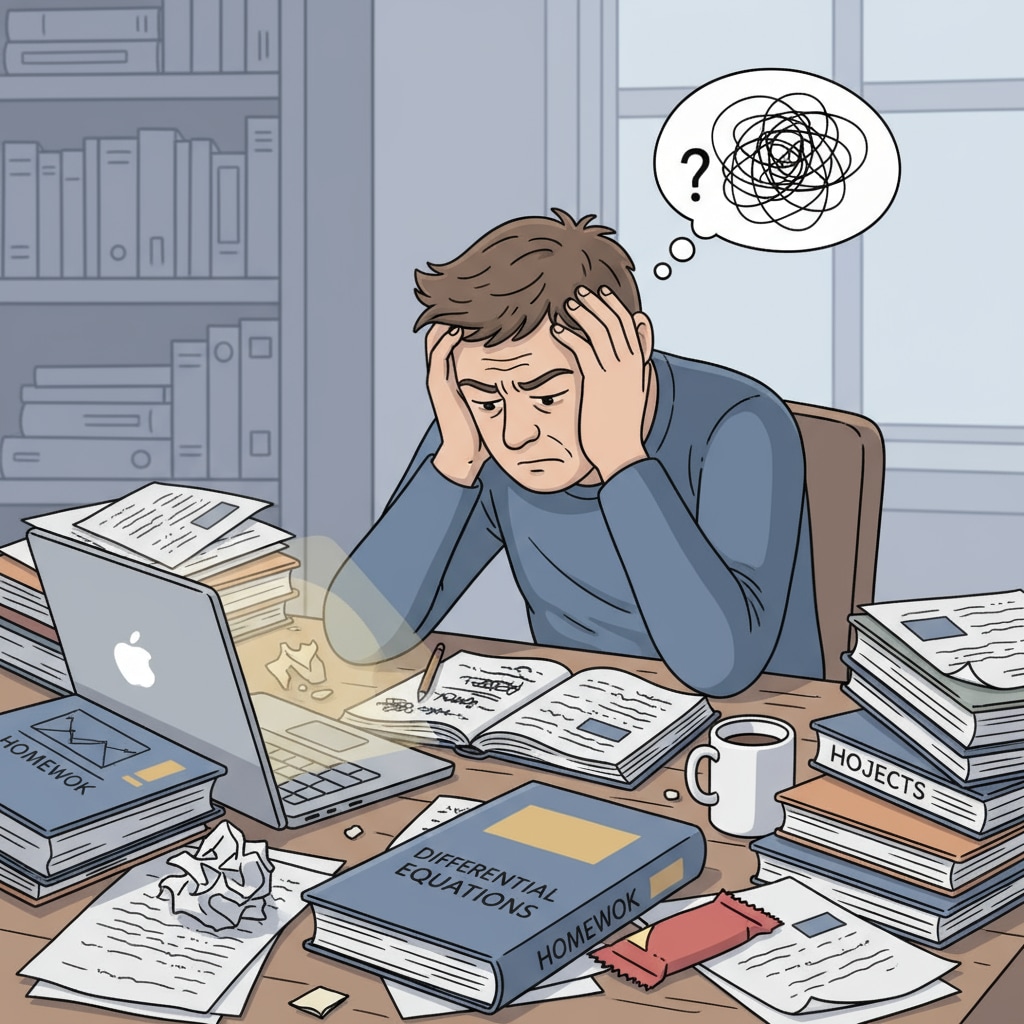 A student sitting at a desk, looking frustrated with books and papers scattered around, representing academic stress A student experiencing academic stress related to academic failure, reapplication, and university expulsion