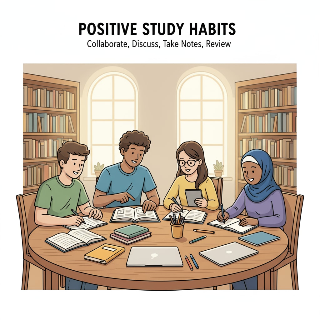 A group of students studying together in a library, showing positive study habits Students demonstrating good study habits relevant to avoiding academic failure, reapplication, and university expulsion