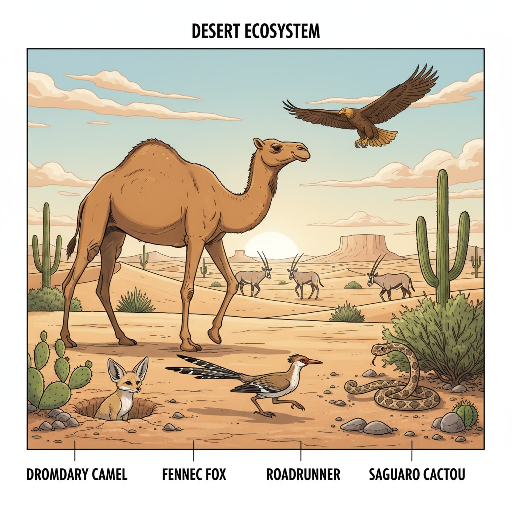 A desert landscape with a camel walking across, showing the arid surroundings where desert animals live A camel in the desert demonstrating desert animal survival adaptation in an arid environment