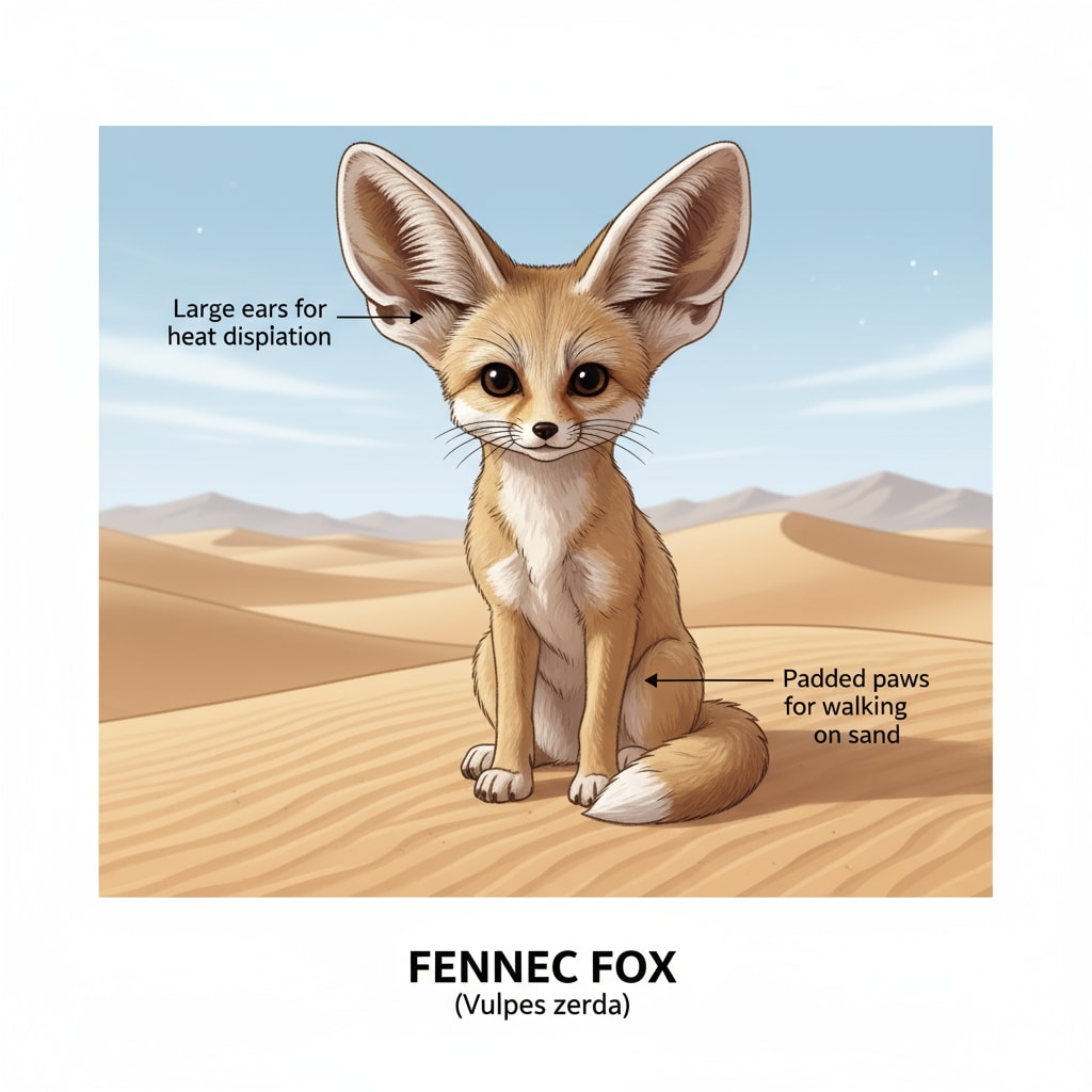A fennec fox with its large ears, sitting on a sandy dune in the desert A fennec fox in the desert showing its unique evolutionary trait of large ears for survival