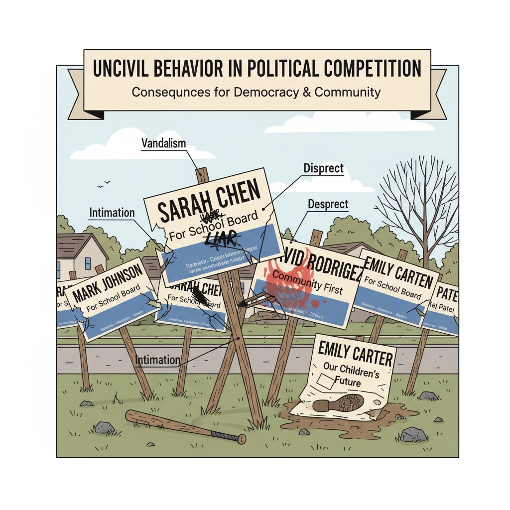 Damaged campaign signs in school board election showing uncivil behavior
