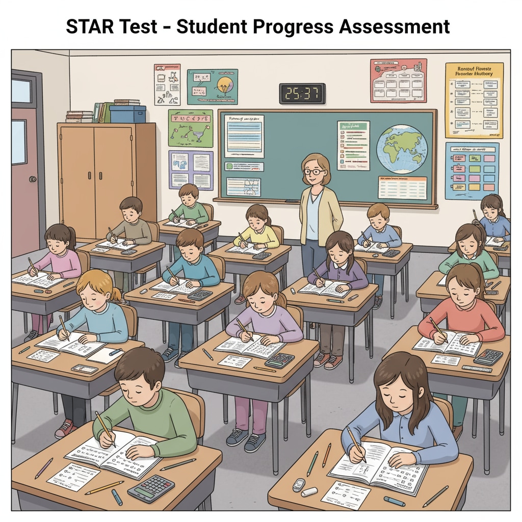 An illustration shows students sitting at desks, concentrating on taking the STAR Test in a classroom setting. There are pencils, papers, and calculators on the desks. Students taking the STAR Test for academic assessment
