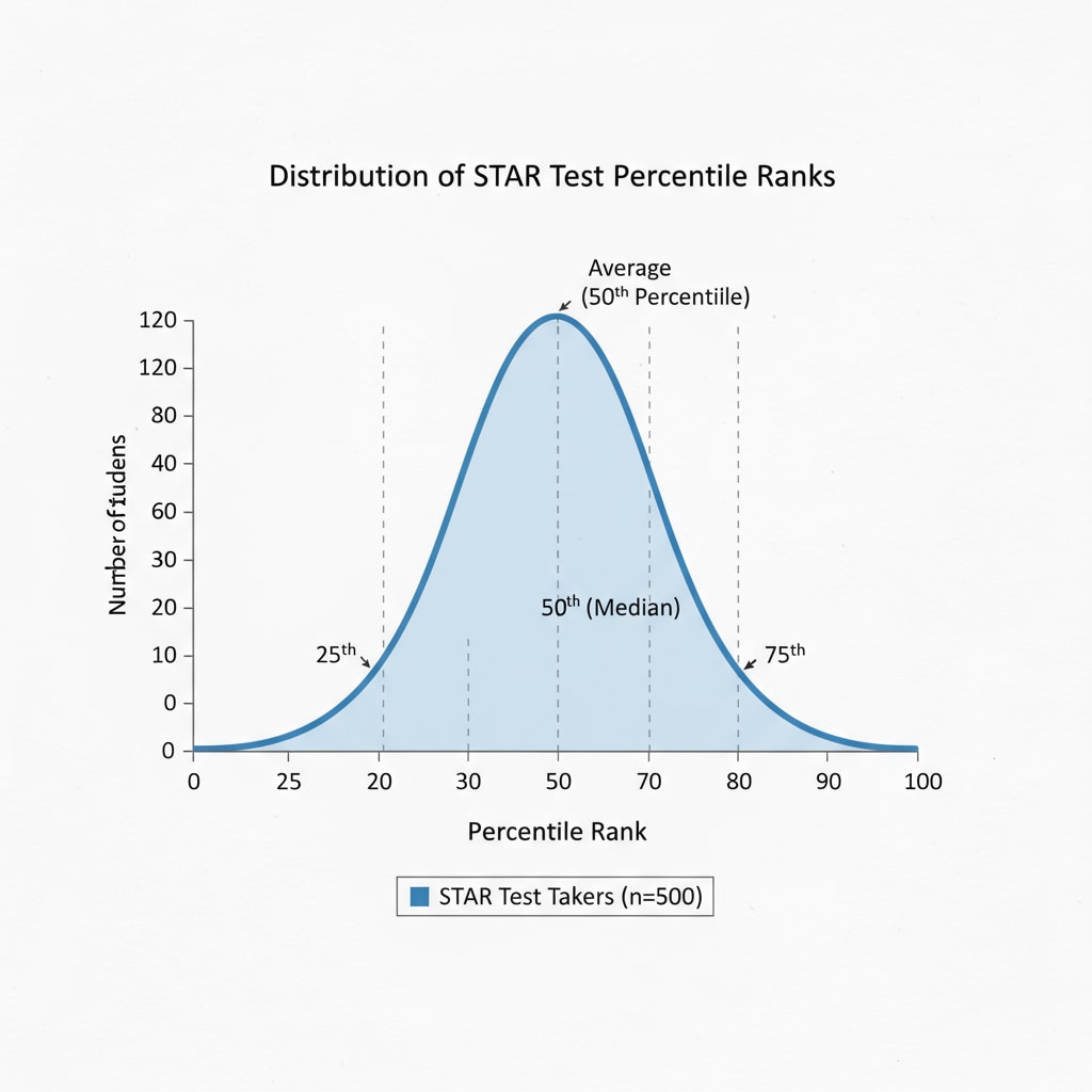 A graph presents the distribution of percentile ranks among a group of students who participated in the STAR Test. The x-axis shows the percentile ranks from 0 to 100, and the y-axis represents the number of students. Graph of percentile ranks in STAR Test academic assessment
