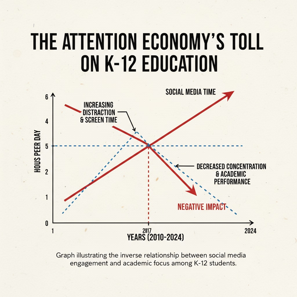 Graph depicting the relationship between social media time and study time in the context of attention economy, information desert, and internet design
