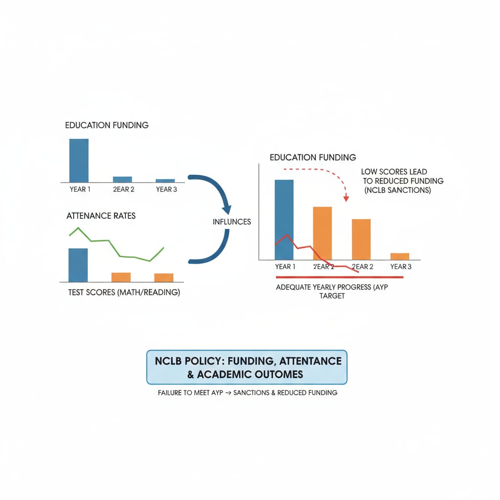 A visual representation of how test scores, attendance, and education funding are related under the NCLB policy, showing bars and lines to indicate the connection. Graph depicting the relationship between education funding, No Child Left Behind policy, and test scores