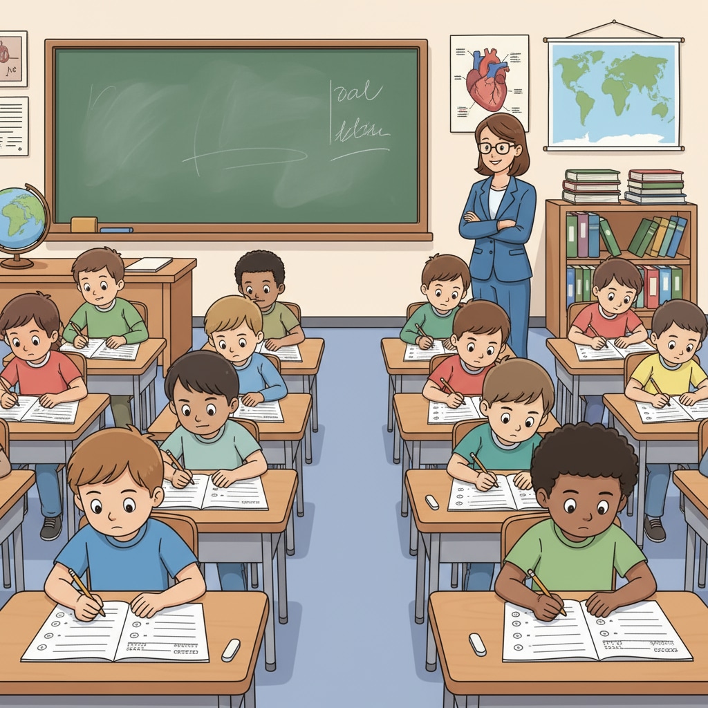 A classroom scene where students are sitting at desks, filling out practice test papers, with a teacher observing. Classroom scene of students practicing for standardized tests related to No Child Left Behind policy and education funding