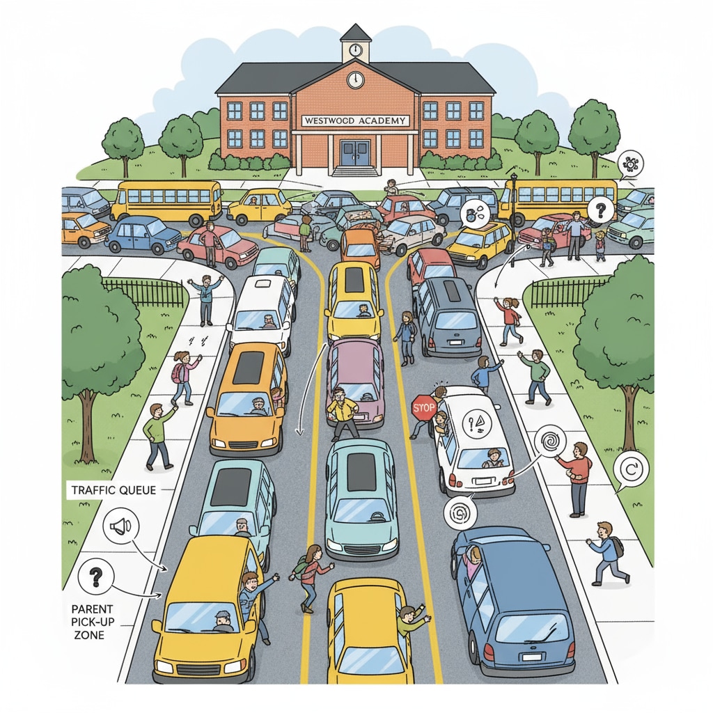 A chaotic scene at a small town school gate during pick-up time, with cars lined up and traffic jams. Traffic congestion during school pick-up at a small town school