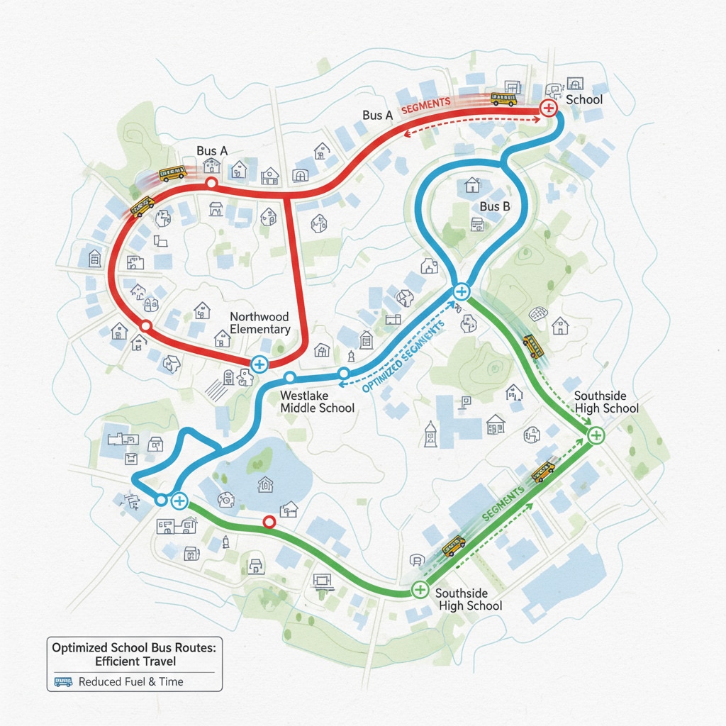 A map with highlighted optimized school bus routes, showing how buses can move more efficiently. Optimized school bus routes map