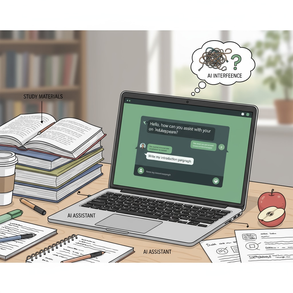 A student is at a desk, looking at a laptop showing the ChatGPT interface, with study materials beside. This depicts the new problem of AI interfering with student work. Student using ChatGPT while doing homework, highlighting the student cheating, ChatGPT, homework, and child development issue