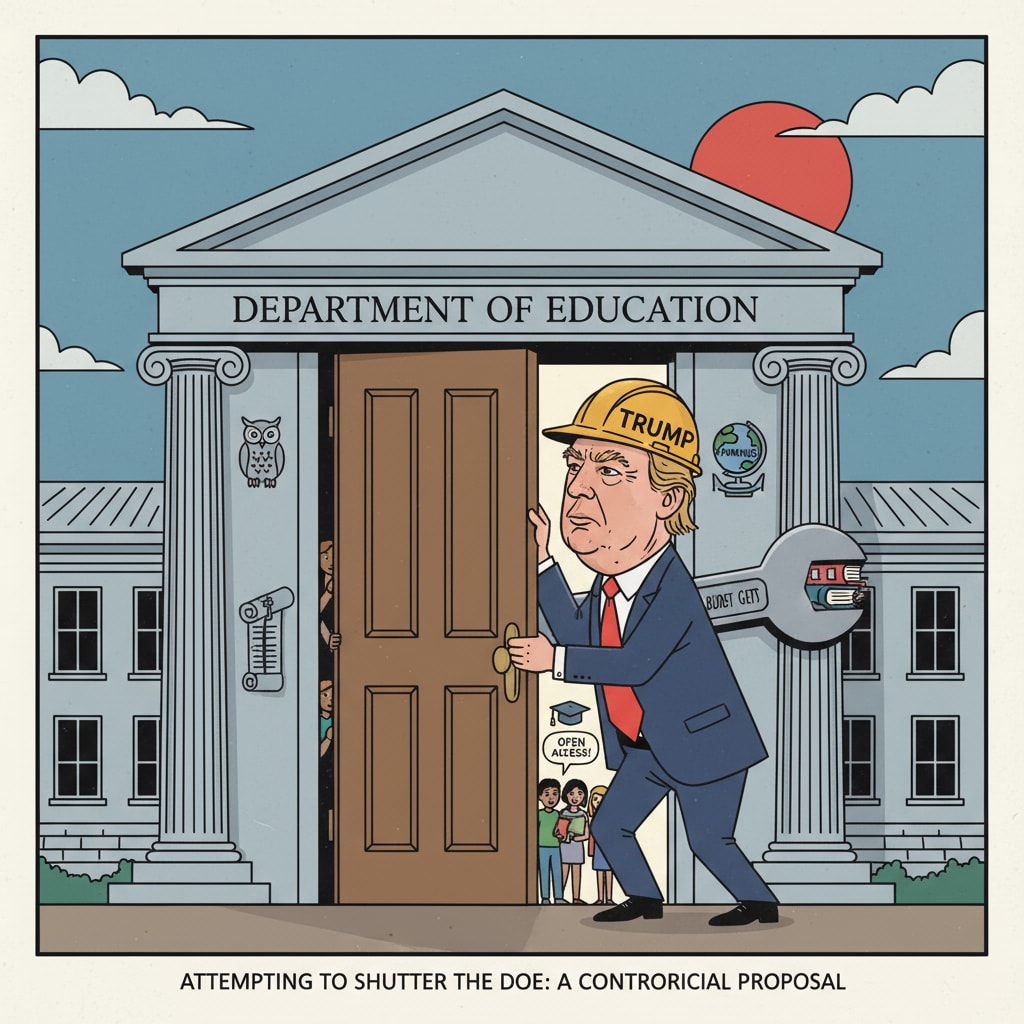 A political cartoon showing a figure trying to close the door of the Department of Education building, symbolizing the controversial move by the Trump administration. Political cartoon depicting Trump administration's attempt to close the Department of Education