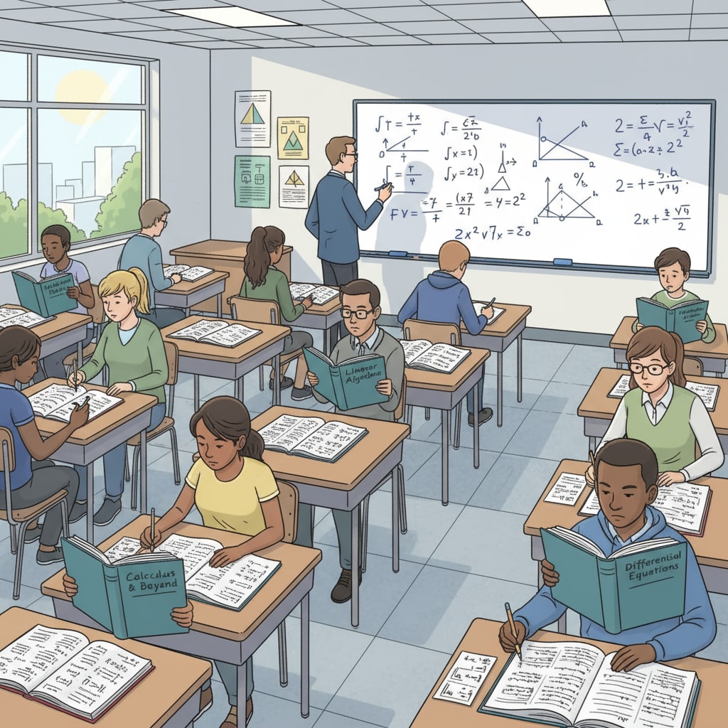 A classroom scene shows students sitting at desks, concentrating on advanced math textbooks and worksheets. The teacher is standing in front, writing on the whiteboard. Students studying advanced mathematics in a classroom related to mathematics education practicality