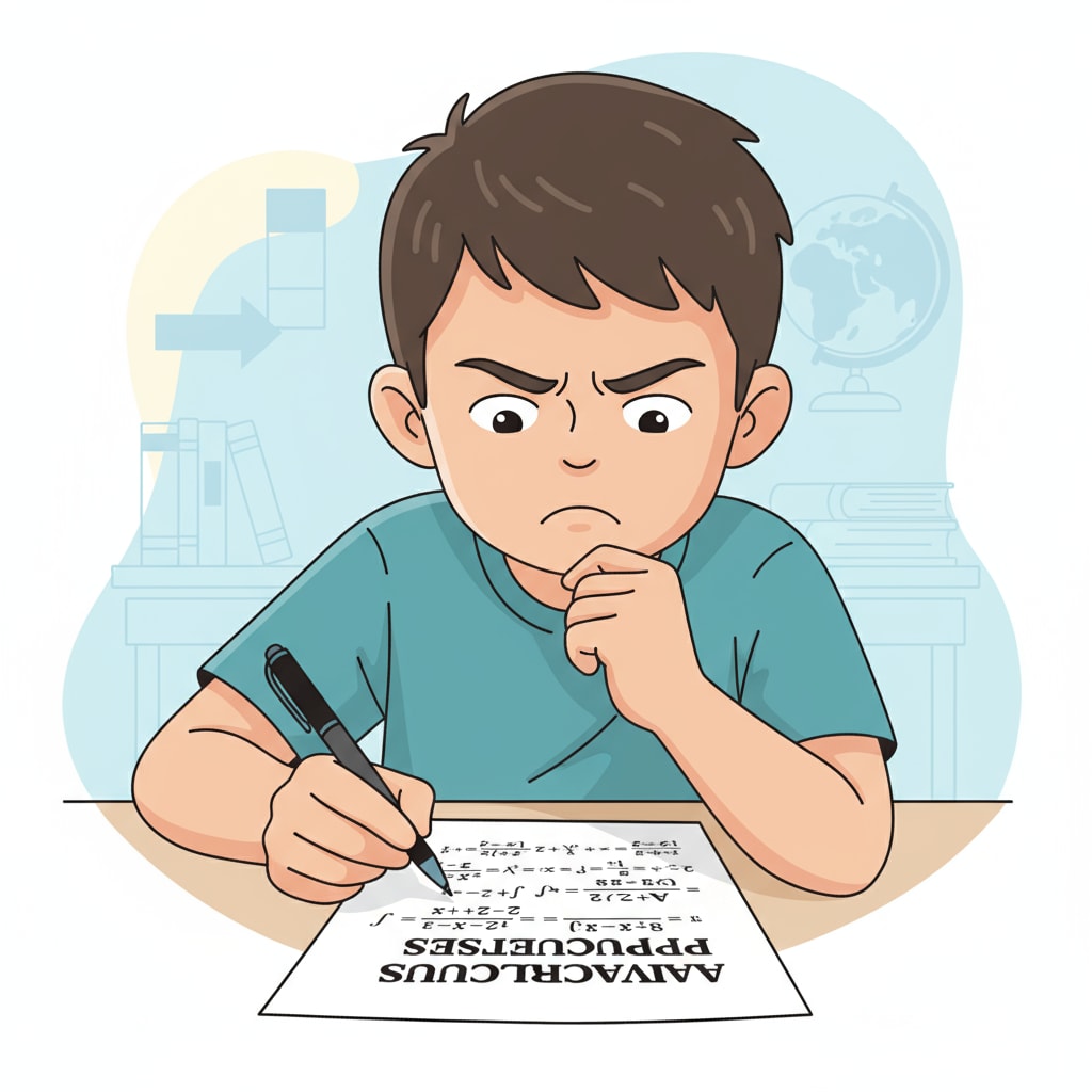 A close-up of a student with a furrowed brow, looking at an advanced math problem on a piece of paper, with a pen in hand. A confused student trying to solve an advanced math problem relevant to math education practicality