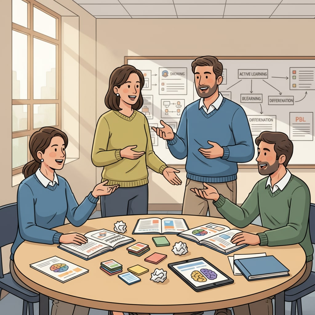 A group of K12 educators are engaged in a lively discussion about teaching methods inside a classroom, with open books and teaching materials on the desks. K12 educators discussing teaching methods to show work support and professional enthusiasm