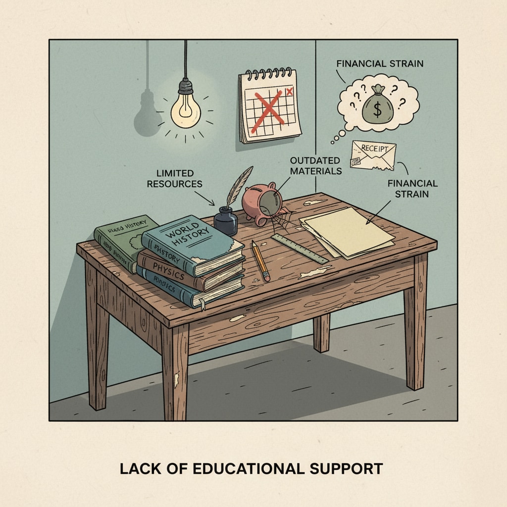 An educator is sitting at a desk, looking disappointed at a few old textbooks and limited teaching materials, indicating the lack of work support. Educator frustrated due to lack of work support affecting professional enthusiasm