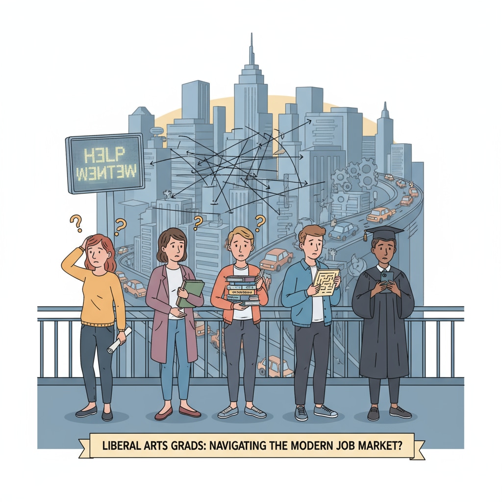A group of liberal arts graduates looking a bit lost while standing in front of a city skyline, symbolizing their confusion in the job market Liberal arts graduates facing confusion in the job market related to liberal arts education, career planning, and financial independence