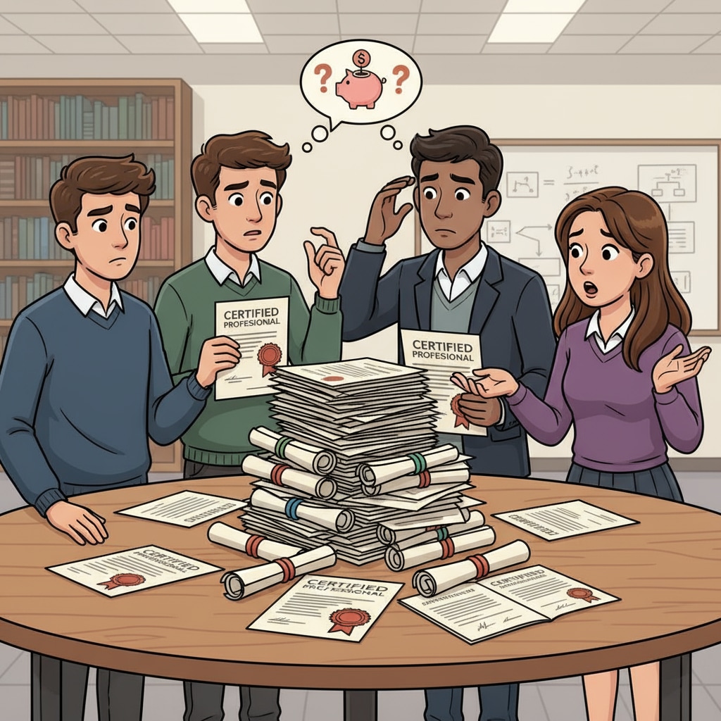 A group of students are gathered around a table, looking at a stack of career certificates with confused expressions on their faces, as if they are wondering about the real value of these certificates. Students pondering the value of career certificates in relation to the job market and educational value