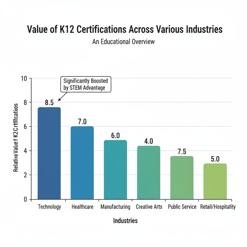 A graph with different industries on the x - axis and the relative value of K12 certifications on the y - axis, showing how the value varies across sectors. Graph depicting the varying values of K12 certifications in different job market industries related to educational value