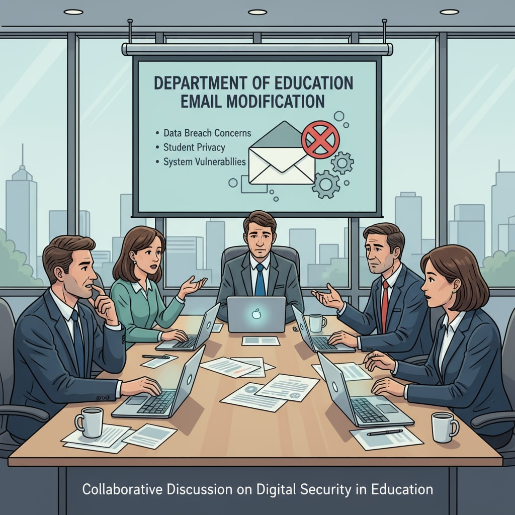 A group of people are gathered around a table, discussing the issue of the Department of Education's email modification. There are papers and laptops on the table, and their expressions show concern. Federal unions discussing the lawsuit regarding the Department of Education's email modifications