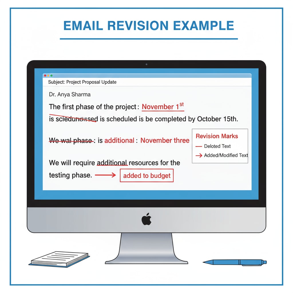 A computer screen shows an email with parts of the text marked and modified. There are red lines indicating the changes made. An example of an email modified by the Department of Education