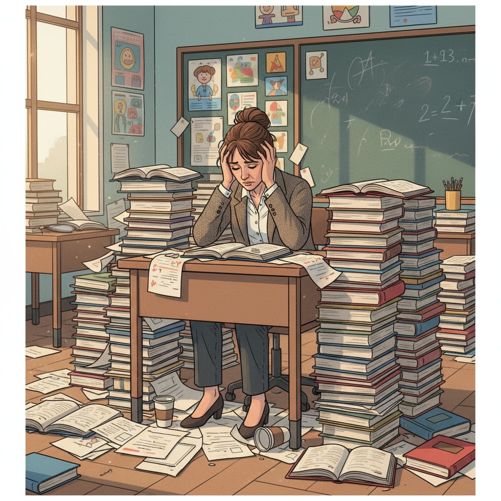 A teacher is sitting at a desk, surrounded by a large number of papers and books. The teacher looks tired and stressed, which reflects the heavy workload they are facing. A stressed teacher under heavy workload