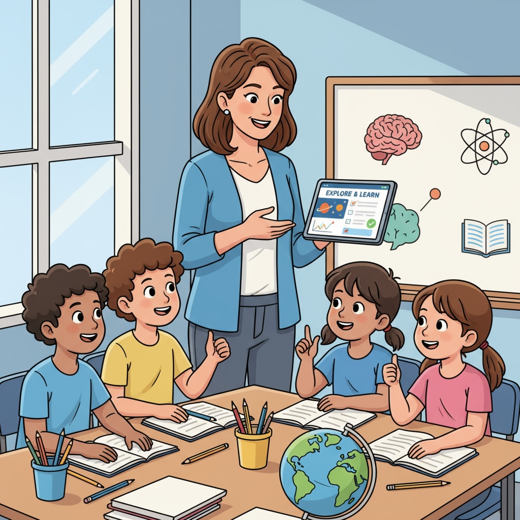 A teacher is using a tablet in the classroom. The tablet screen shows educational software, and the teacher is interacting with students, demonstrating how educational technology is integrated into teaching. A teacher using educational technology to enhance teaching efficiency