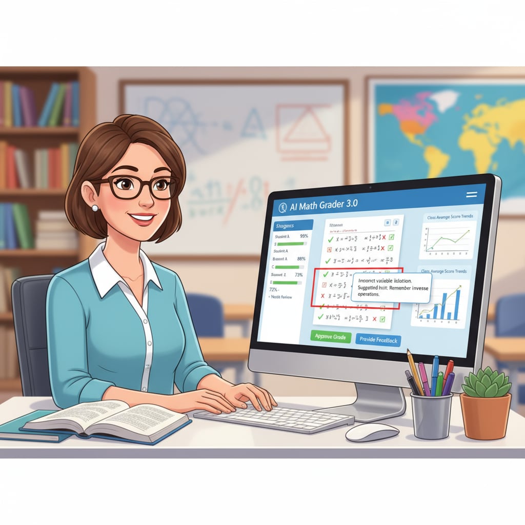 A teacher is sitting in front of a computer, using an AI math grading software interface to grade students' math assignments. A teacher using an AI math grading tool to improve working efficiency
